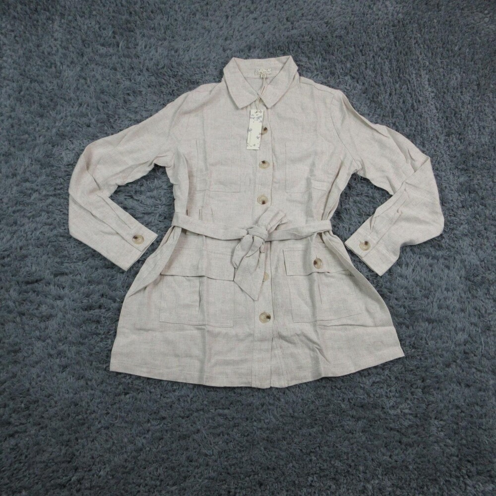 Endless Blu. Jacket Womens M Beige Linen Blend Trench Belted Mid-Length NWT
